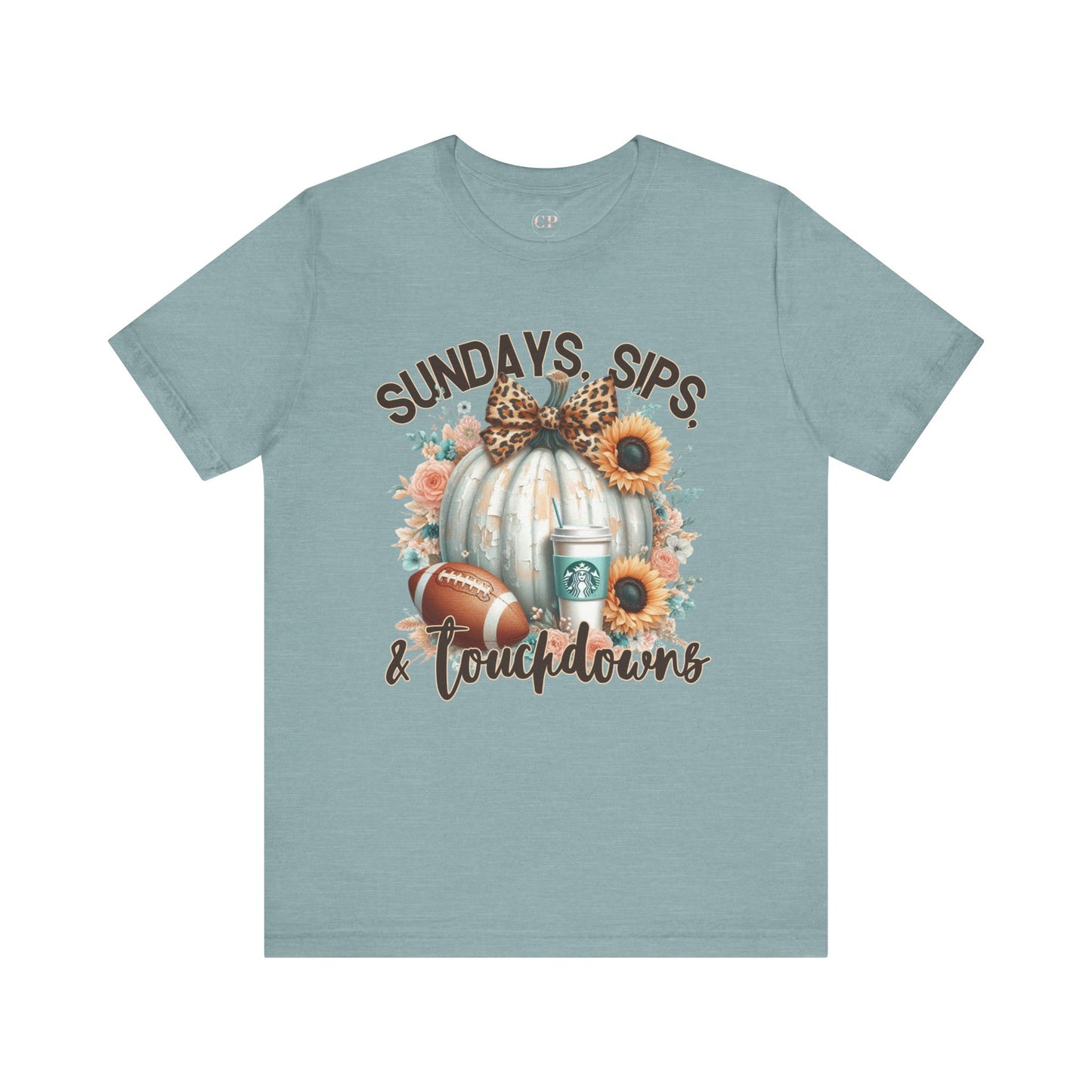 Football Tee - Sundays, Sips, & Touchdowns - Pumpkin, Latte, Sunflowers & Football