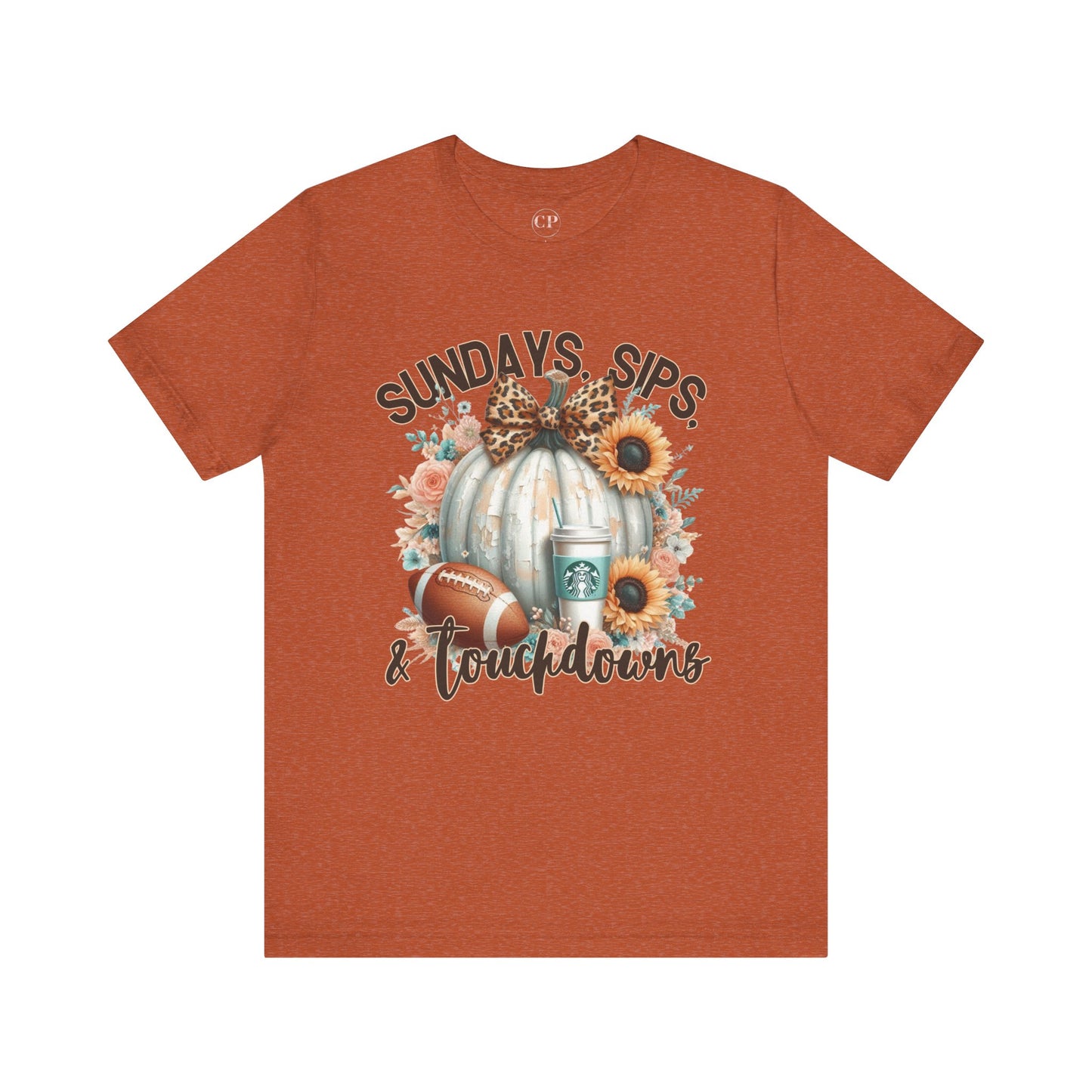 Football Tee - Sundays, Sips, & Touchdowns - Pumpkin, Latte, Sunflowers & Football