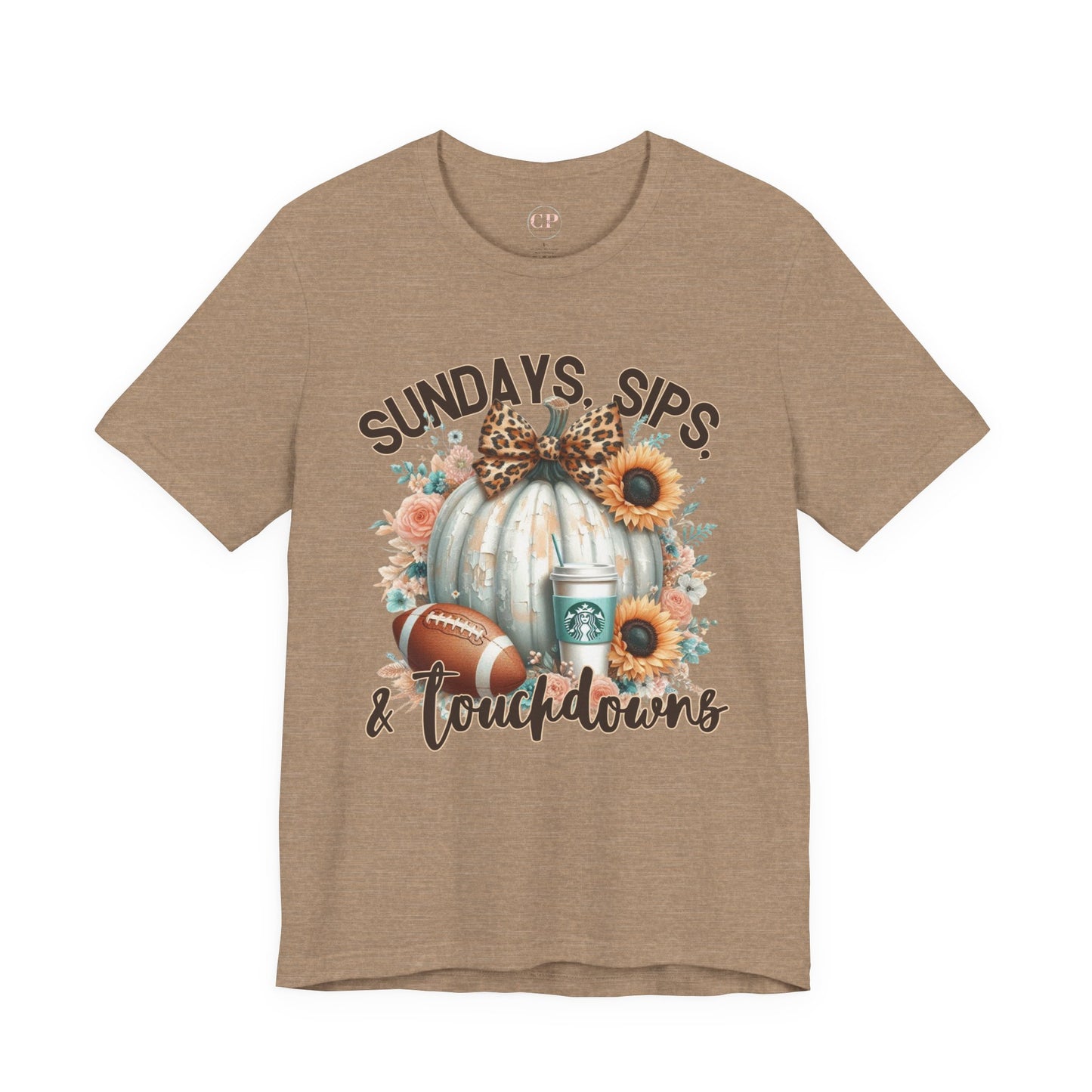 Football Tee - Sundays, Sips, & Touchdowns - Pumpkin, Latte, Sunflowers & Football