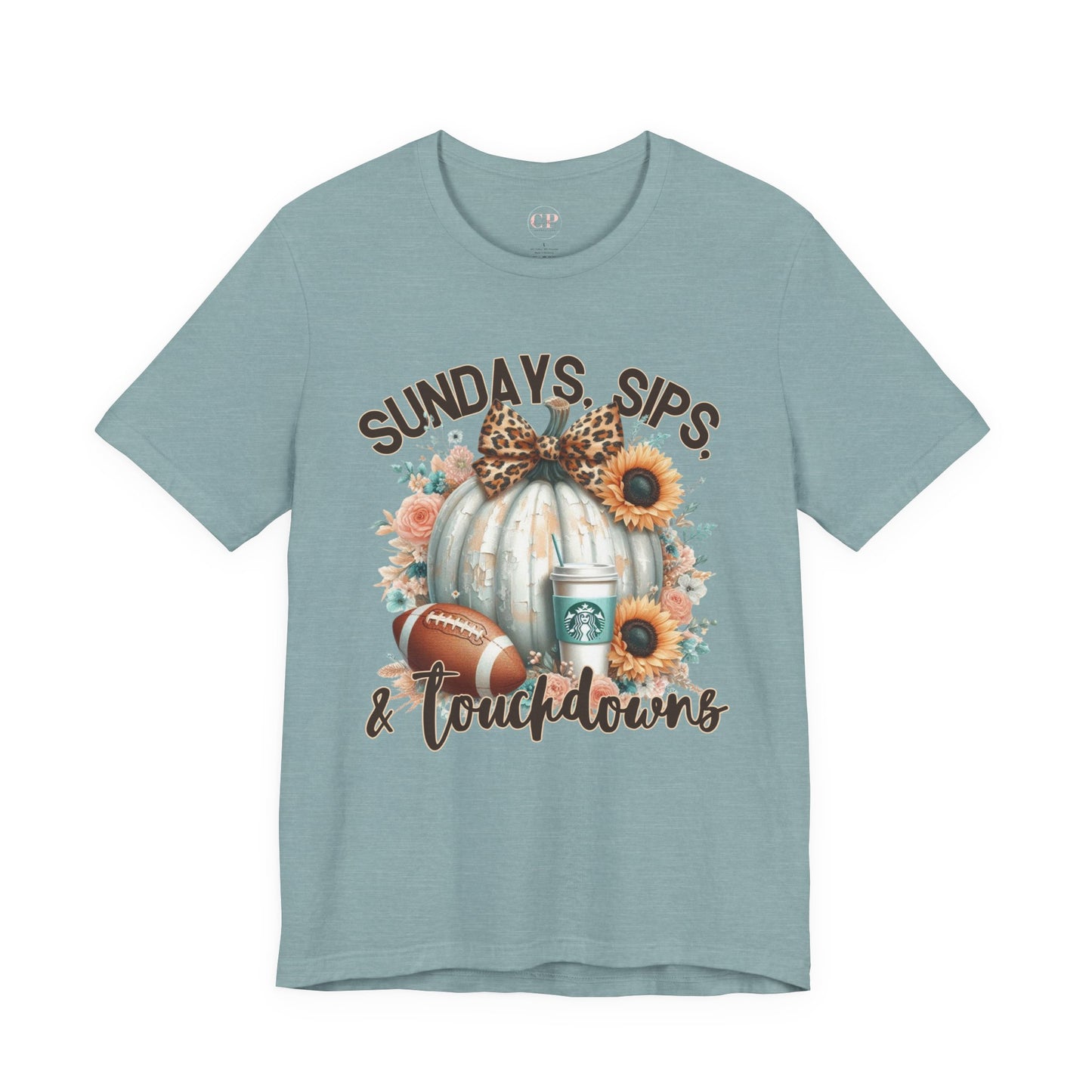 Football Tee - Sundays, Sips, & Touchdowns - Pumpkin, Latte, Sunflowers & Football