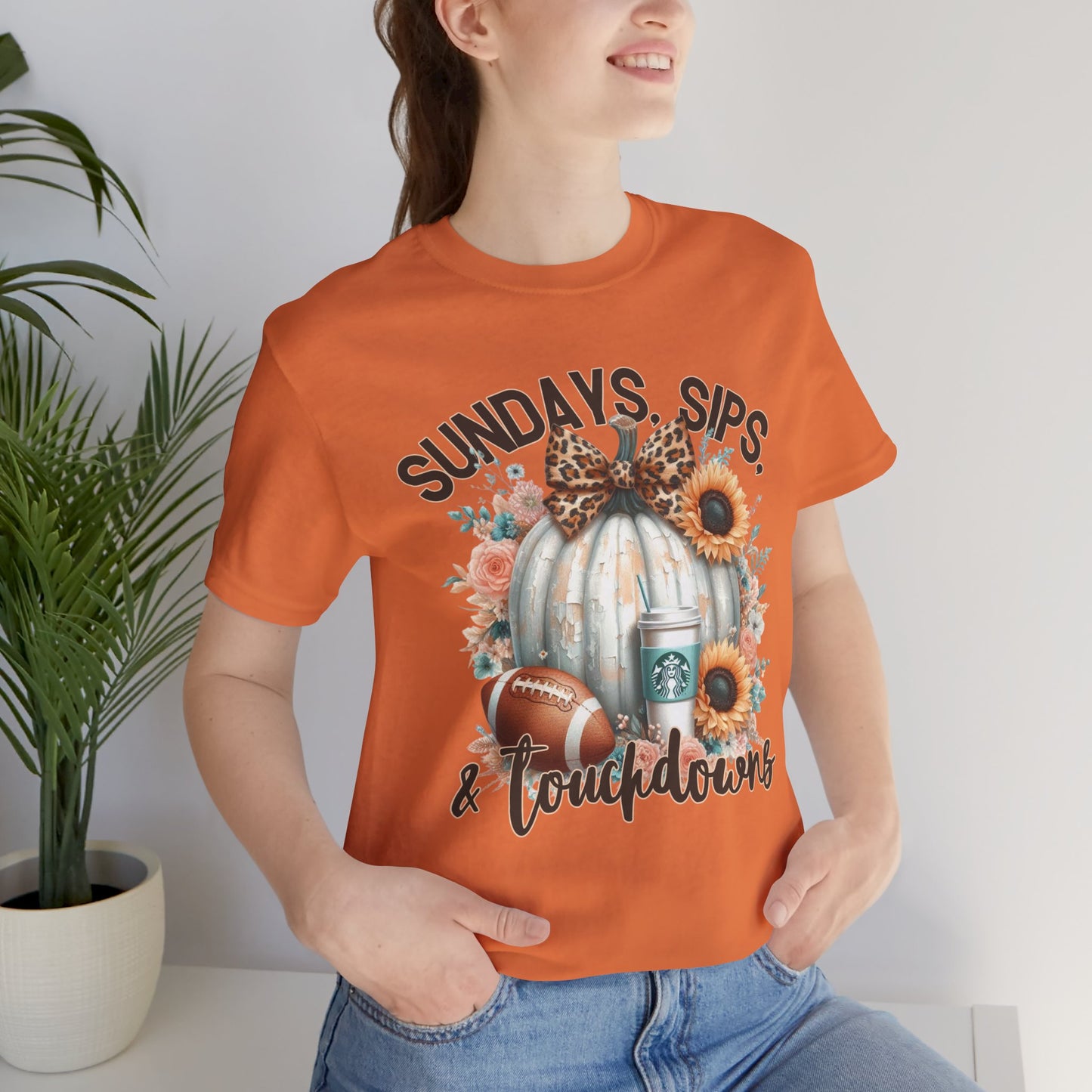 Football Tee - Sundays, Sips, & Touchdowns - Pumpkin, Latte, Sunflowers & Football