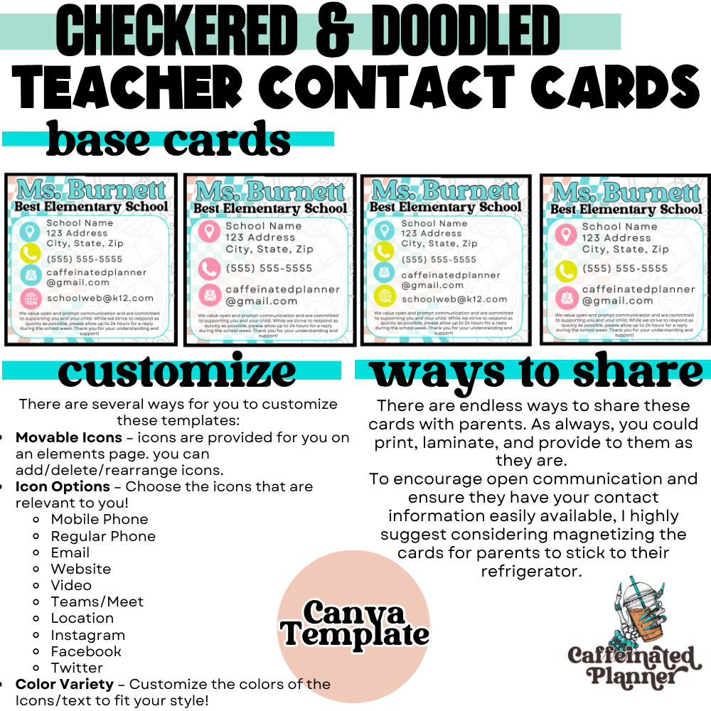 Checkered & Doodled: Teacher Contact Cards | Canva Template