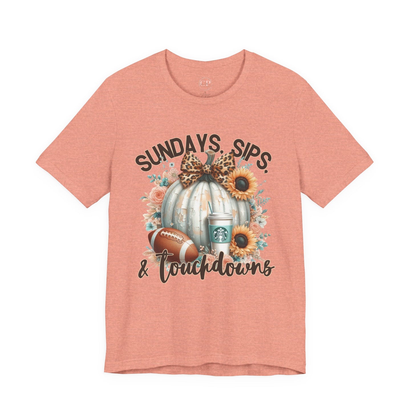 Football Tee - Sundays, Sips, & Touchdowns - Pumpkin, Latte, Sunflowers & Football