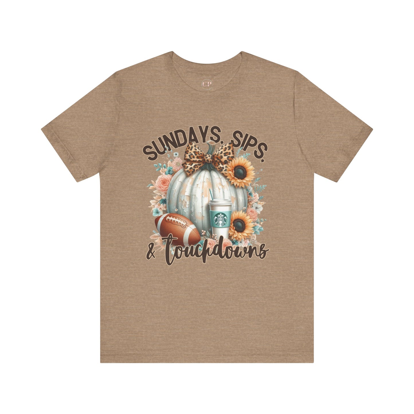 Football Tee - Sundays, Sips, & Touchdowns - Pumpkin, Latte, Sunflowers & Football