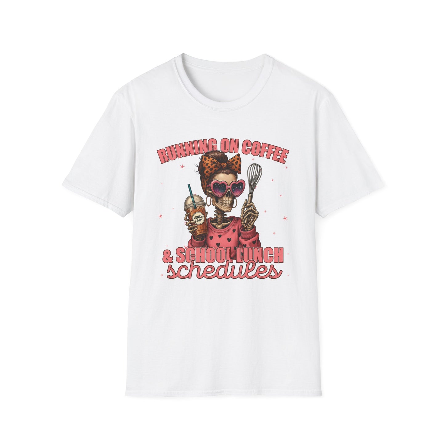 Funny Lunch Lady Unisex Softstyle T-Shirt - Running on Iced Coffee and School Lunch Schedules - Front Design Only