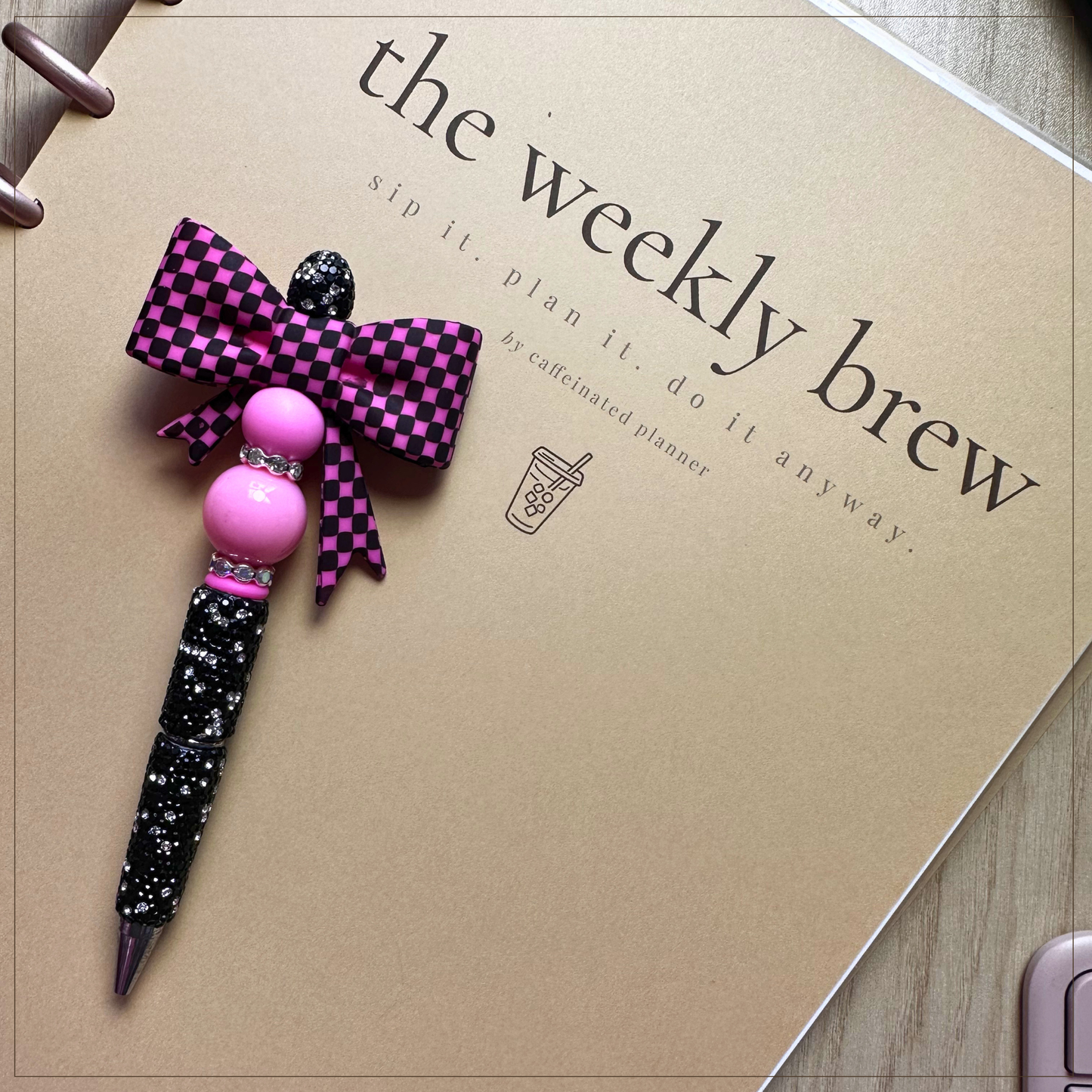 black & pink checkered bow | bling pen