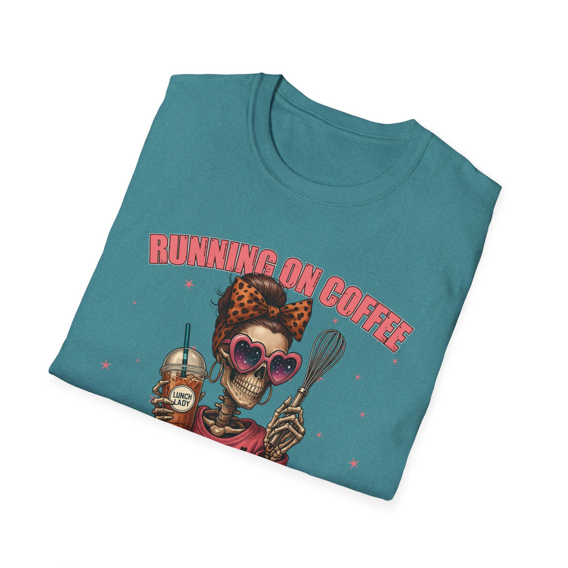Funny Lunch Lady Unisex Softstyle T-Shirt - Running on Iced Coffee and School Lunch Schedules - Front Design Only
