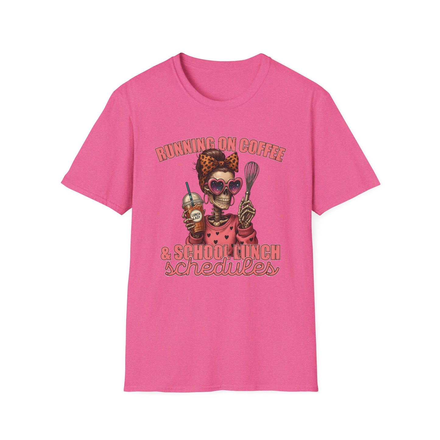 Funny Lunch Lady Unisex Softstyle T-Shirt - Running on Iced Coffee and School Lunch Schedules - Front Design Only