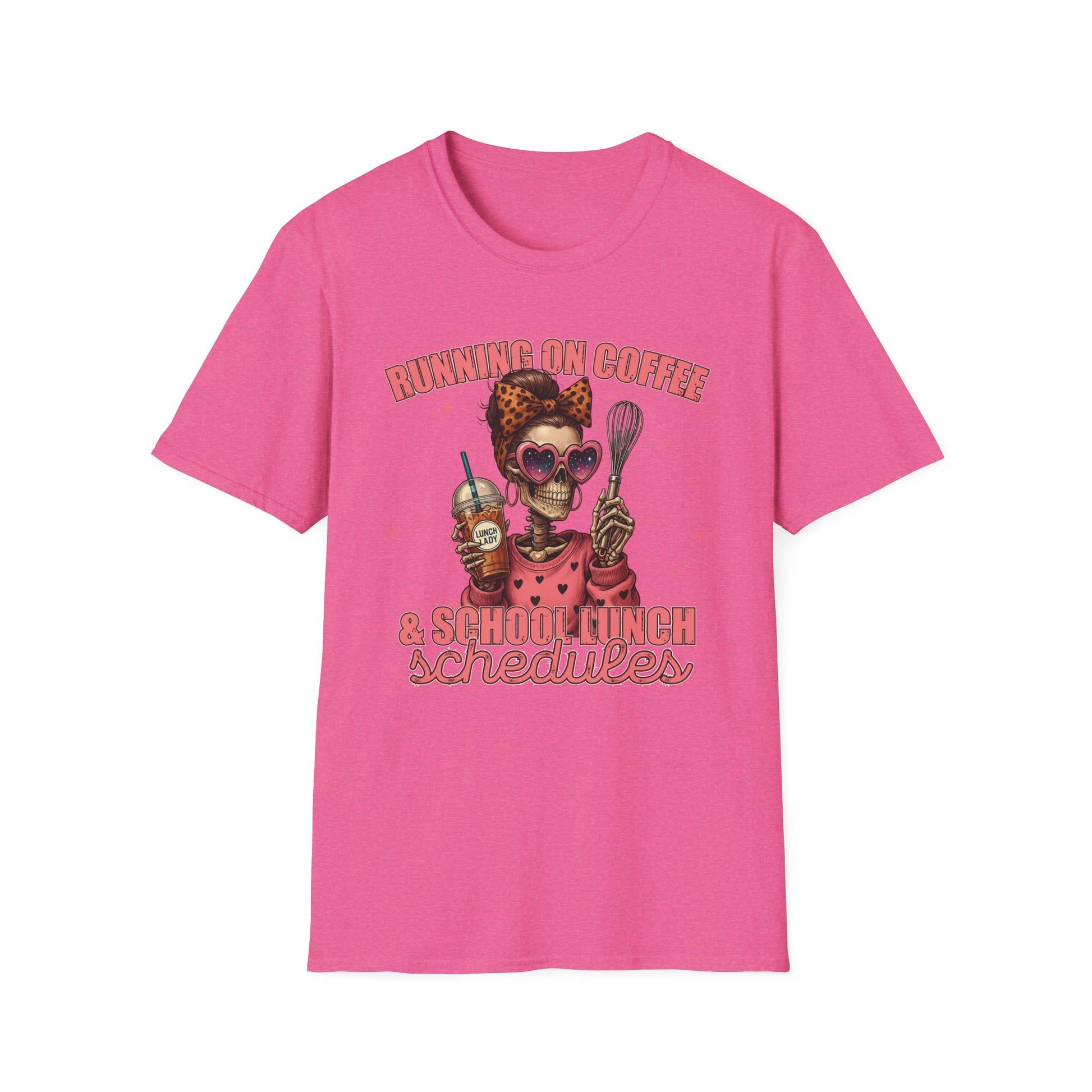 Funny Lunch Lady Unisex Softstyle T-Shirt - Running on Iced Coffee and School Lunch Schedules - Front Design Only