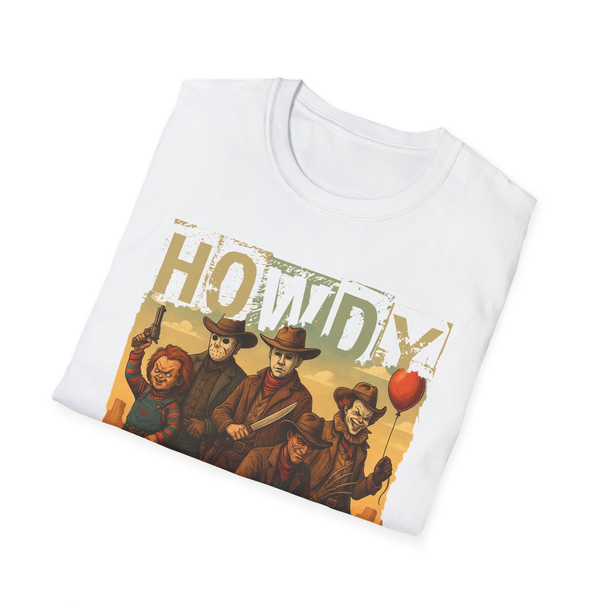 Horror Cowboys Unisex T-Shirt featuring Chucky, Jason, Michael Myers, Pennywise and Freddy
