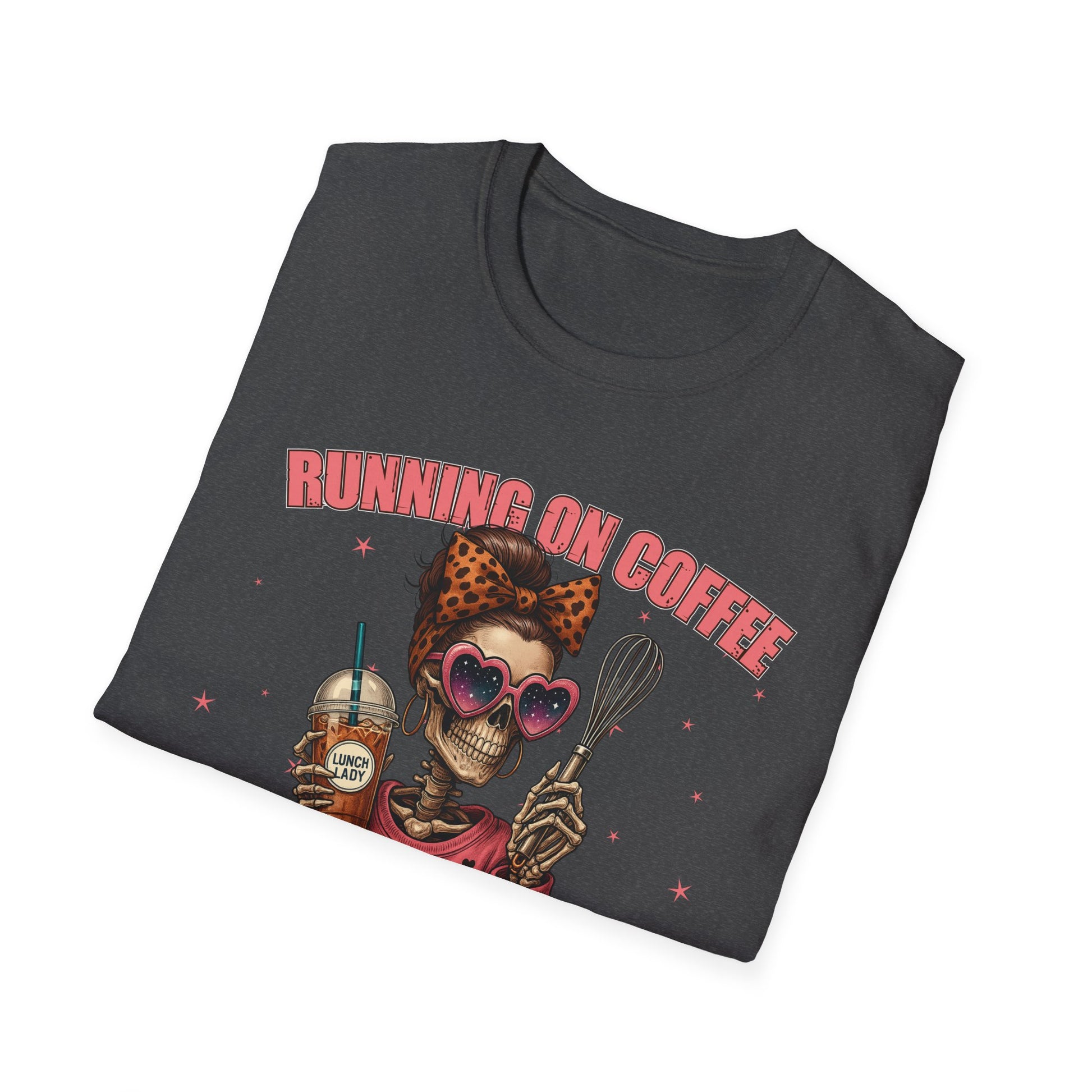 Funny Lunch Lady Unisex Softstyle T-Shirt - Running on Iced Coffee and School Lunch Schedules - Front Design Only