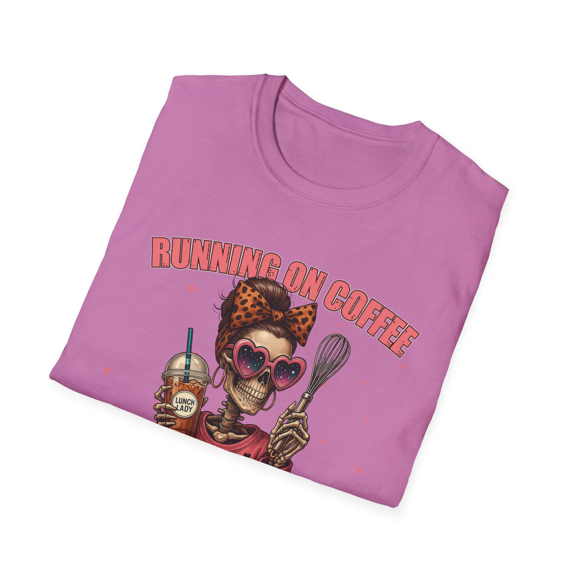Funny Lunch Lady Unisex Softstyle T-Shirt - Running on Iced Coffee and School Lunch Schedules - Front Design Only