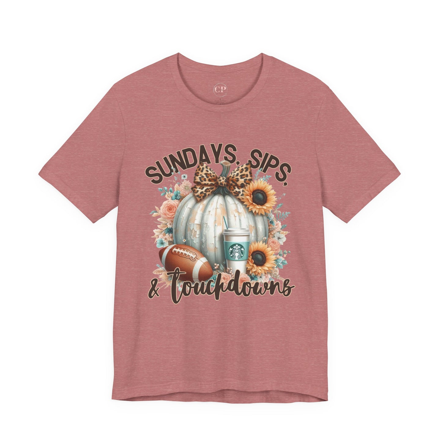 Football Tee - Sundays, Sips, & Touchdowns - Pumpkin, Latte, Sunflowers & Football