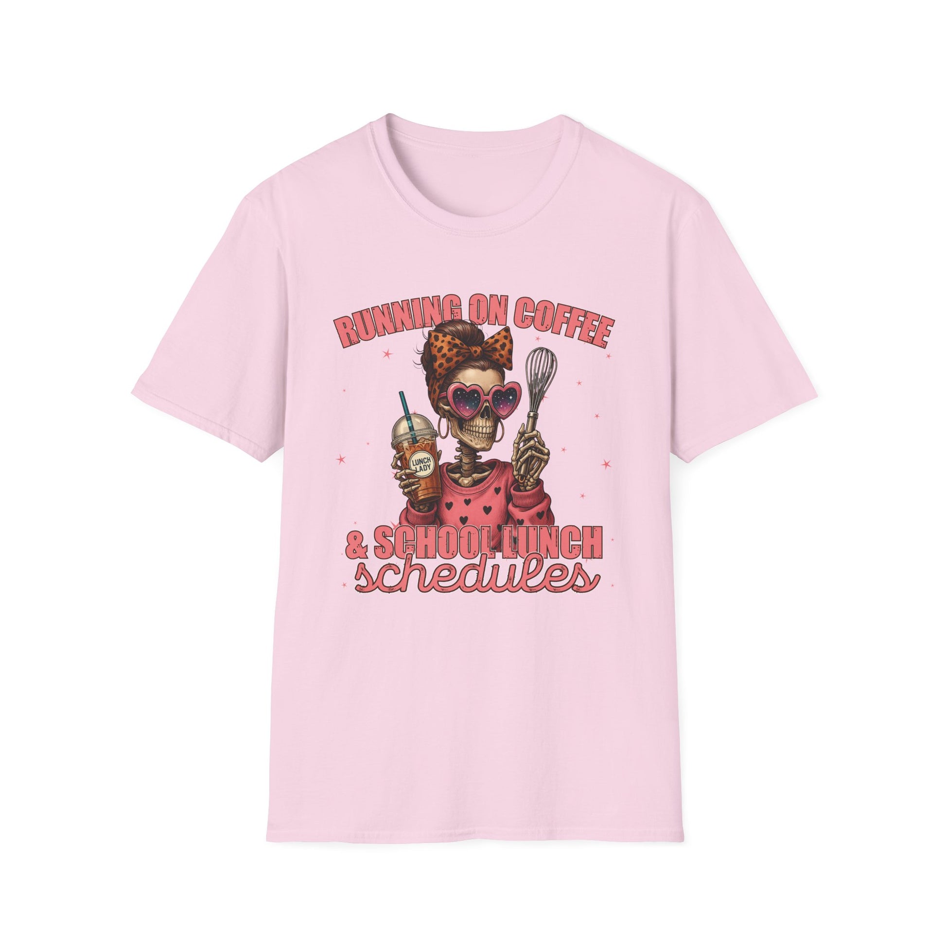 Funny Lunch Lady Unisex Softstyle T-Shirt - Running on Iced Coffee and School Lunch Schedules - Front Design Only