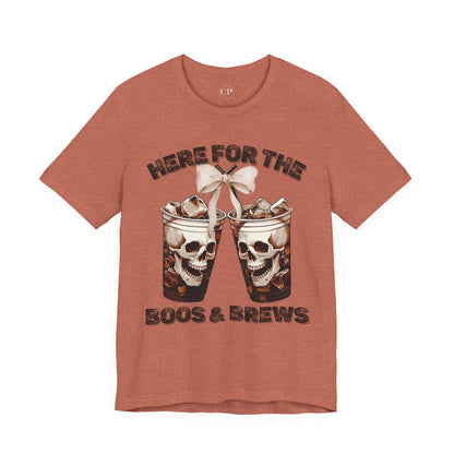 Halloween Skeleton Iced Coffee Tee - Here for the Boos and Brews
