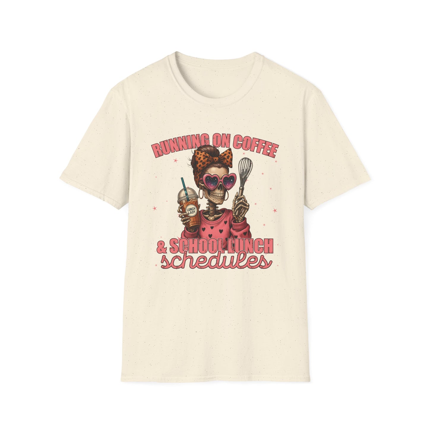 Funny Lunch Lady Unisex Softstyle T-Shirt - Running on Iced Coffee and School Lunch Schedules - Front Design Only