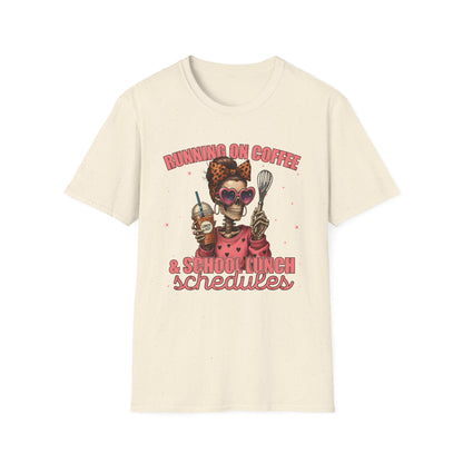 Funny Lunch Lady Unisex Softstyle T-Shirt - Running on Iced Coffee and School Lunch Schedules - Front Design Only