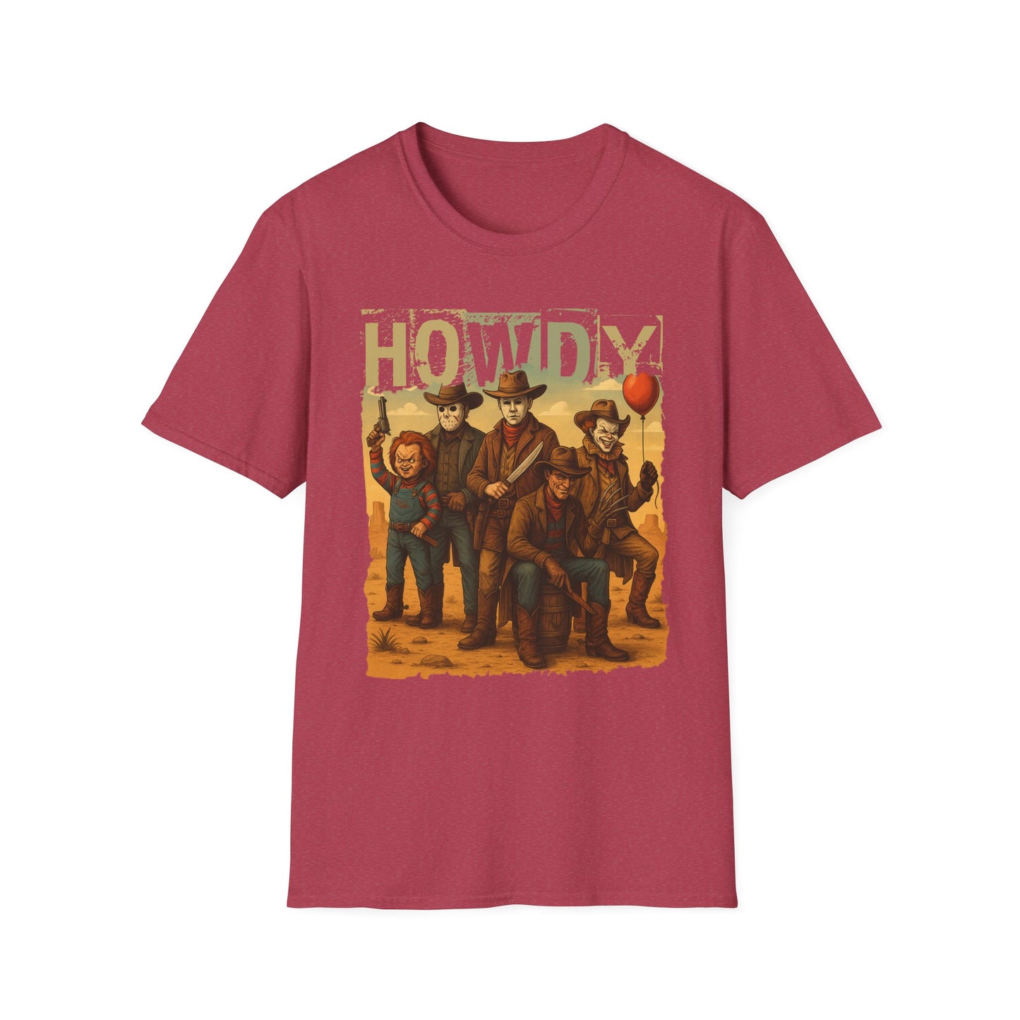 Horror Cowboys Unisex T-Shirt featuring Chucky, Jason, Michael Myers, Pennywise and Freddy