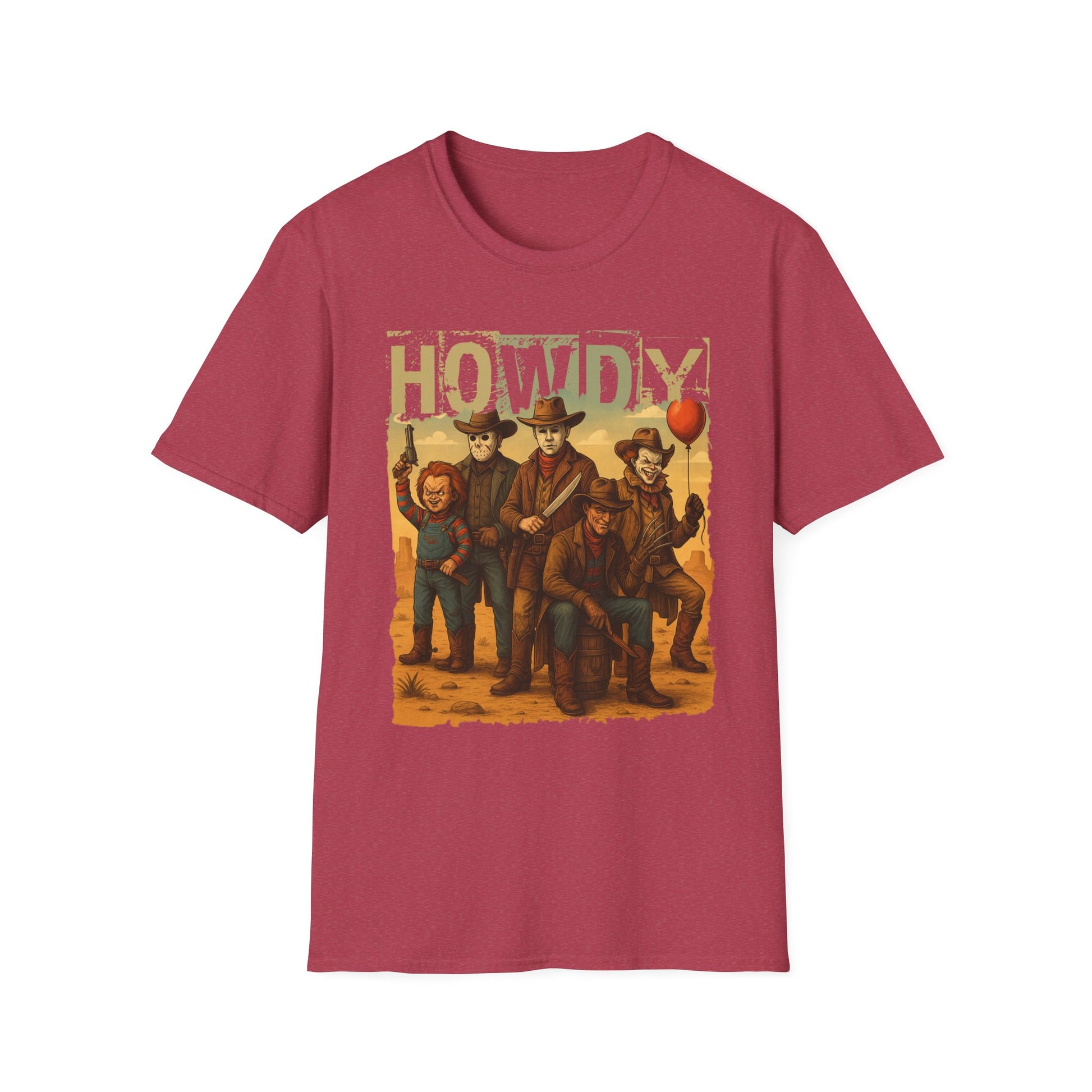 Horror Cowboys Unisex T-Shirt featuring Chucky, Jason, Michael Myers, Pennywise and Freddy