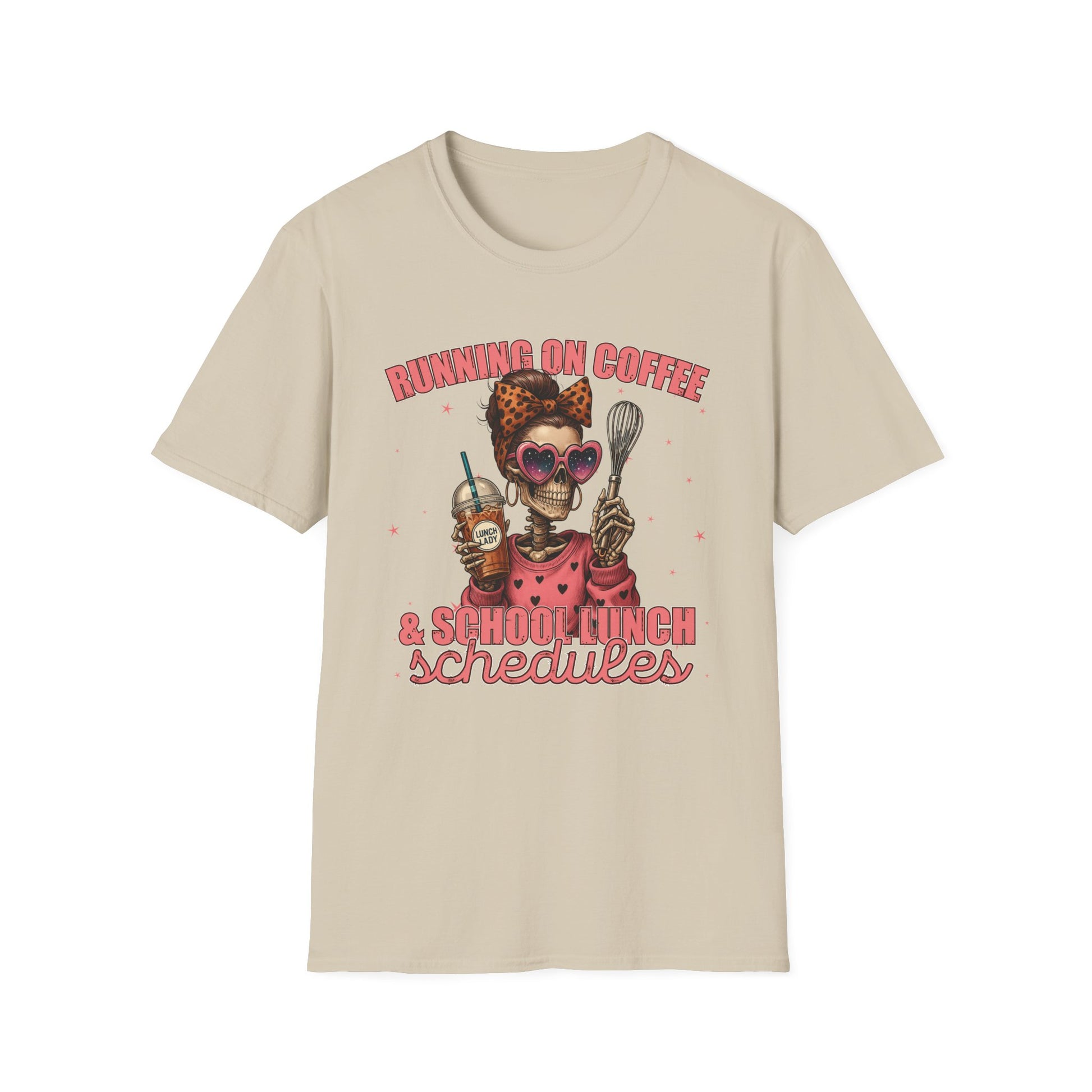 Funny Lunch Lady Unisex Softstyle T-Shirt - Running on Iced Coffee and School Lunch Schedules - Front Design Only