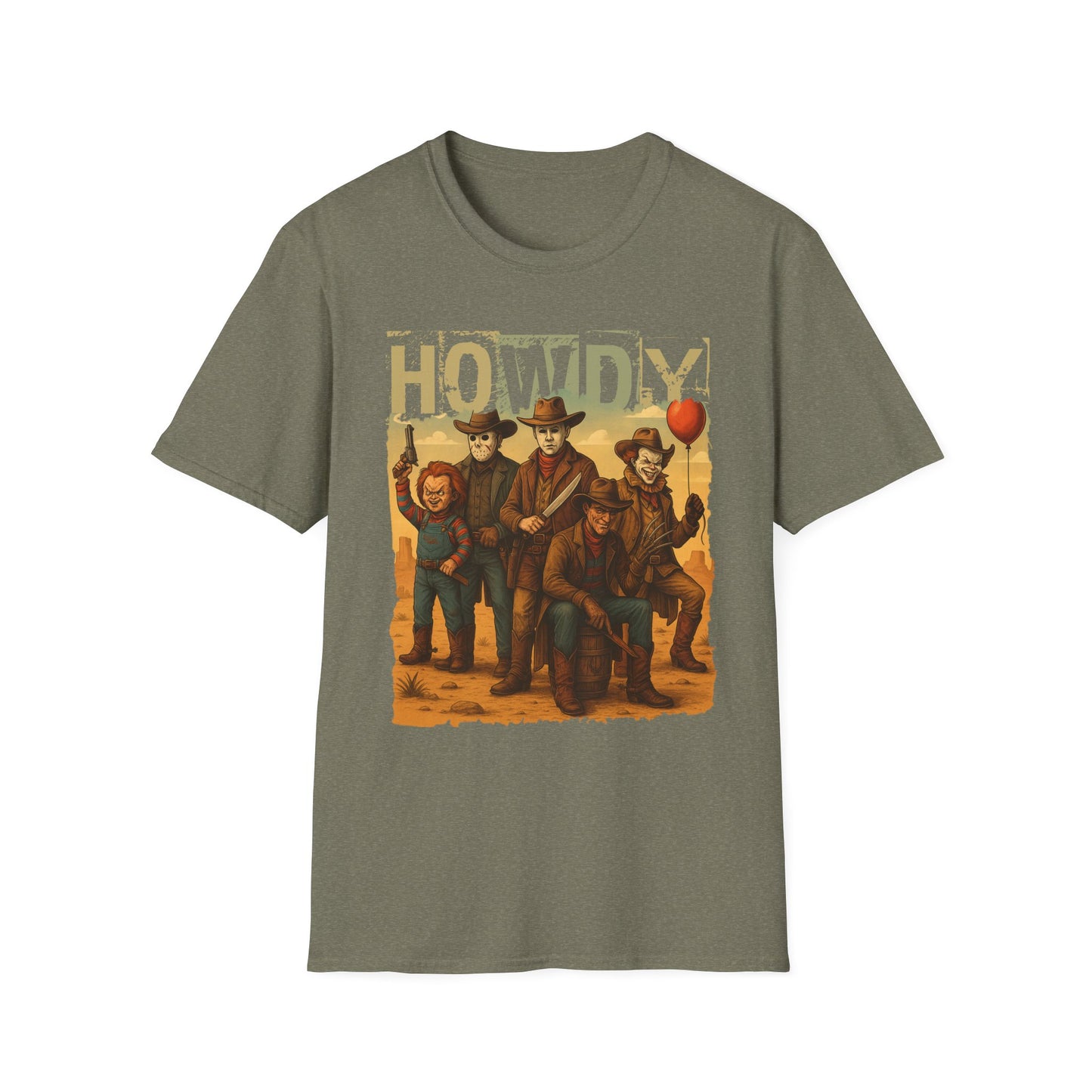 Horror Cowboys Unisex T-Shirt featuring Chucky, Jason, Michael Myers, Pennywise and Freddy