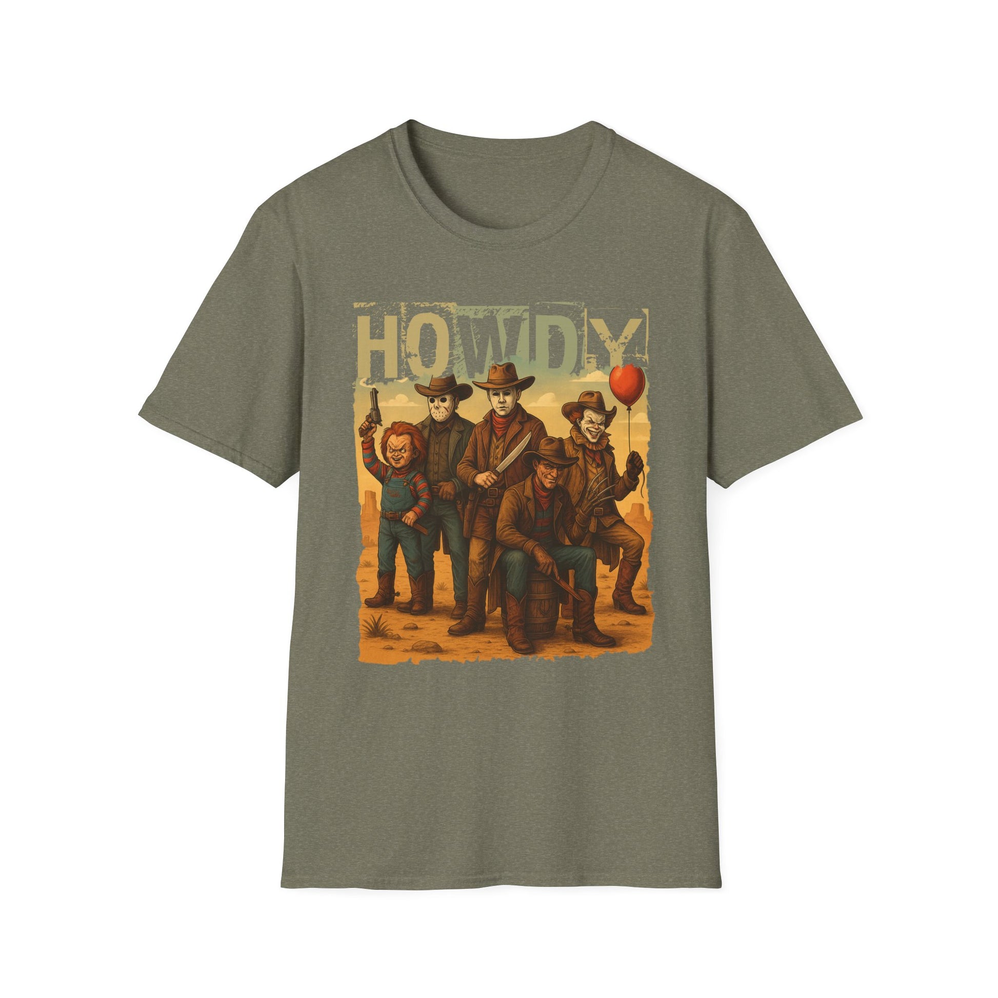 Horror Cowboys Unisex T-Shirt featuring Chucky, Jason, Michael Myers, Pennywise and Freddy