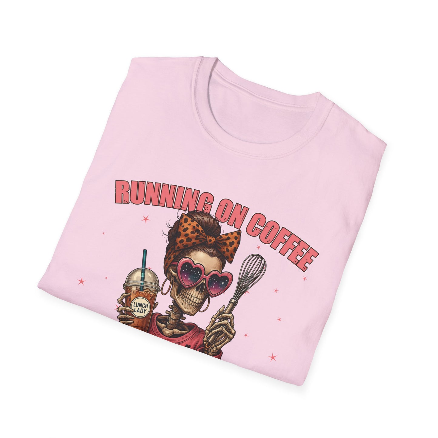Funny Lunch Lady Unisex Softstyle T-Shirt - Running on Iced Coffee and School Lunch Schedules - Front Design Only