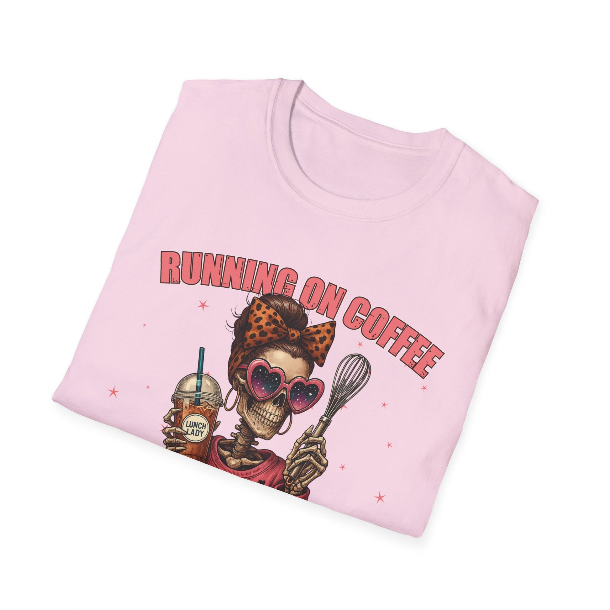 Funny Lunch Lady Unisex Softstyle T-Shirt - Running on Iced Coffee and School Lunch Schedules - Front Design Only