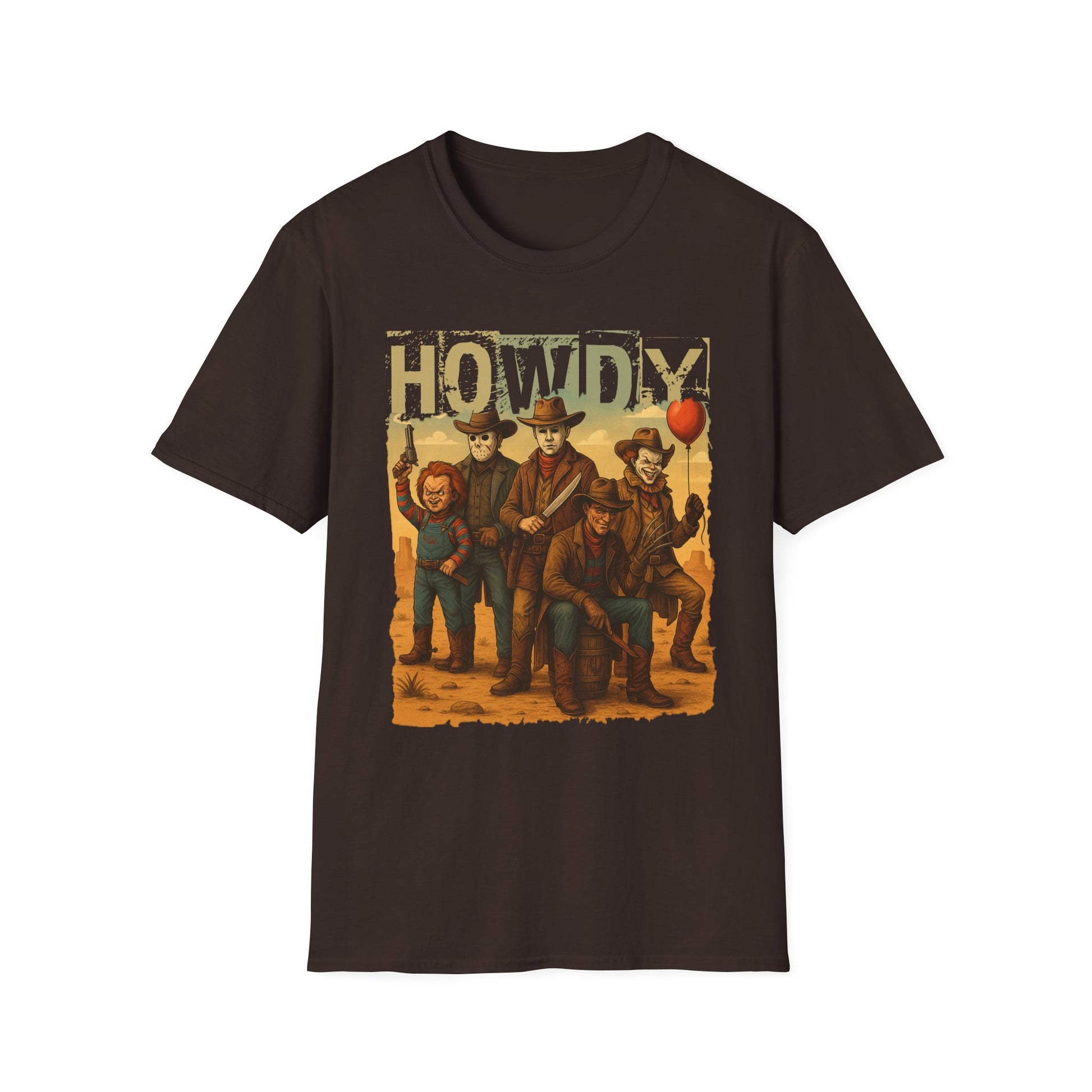 Horror Cowboys Unisex T-Shirt featuring Chucky, Jason, Michael Myers, Pennywise and Freddy