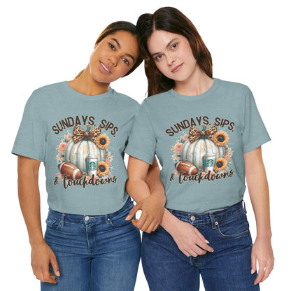 Football Tee - Sundays, Sips, & Touchdowns - Pumpkin, Latte, Sunflowers & Football