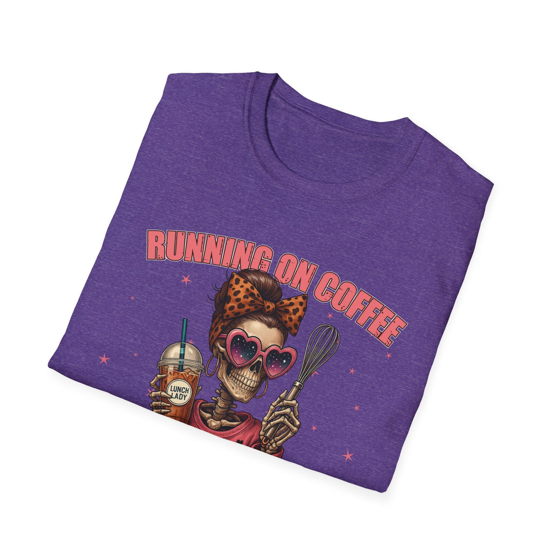 Funny Lunch Lady Unisex Softstyle T-Shirt - Running on Iced Coffee and School Lunch Schedules - Front Design Only