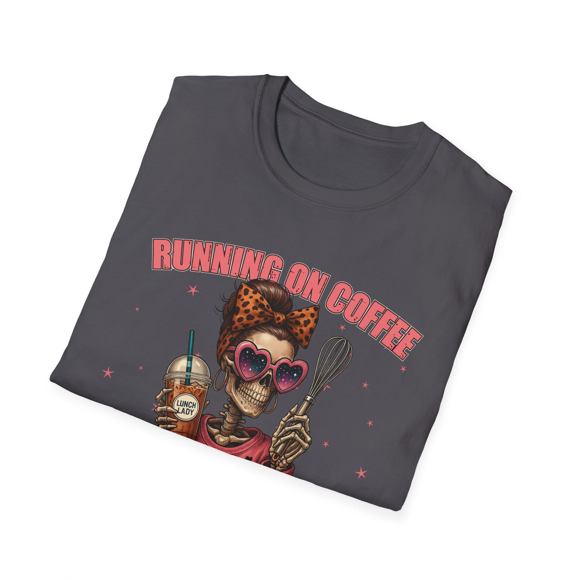 Funny Lunch Lady Unisex Softstyle T-Shirt - Running on Iced Coffee and School Lunch Schedules - Front Design Only