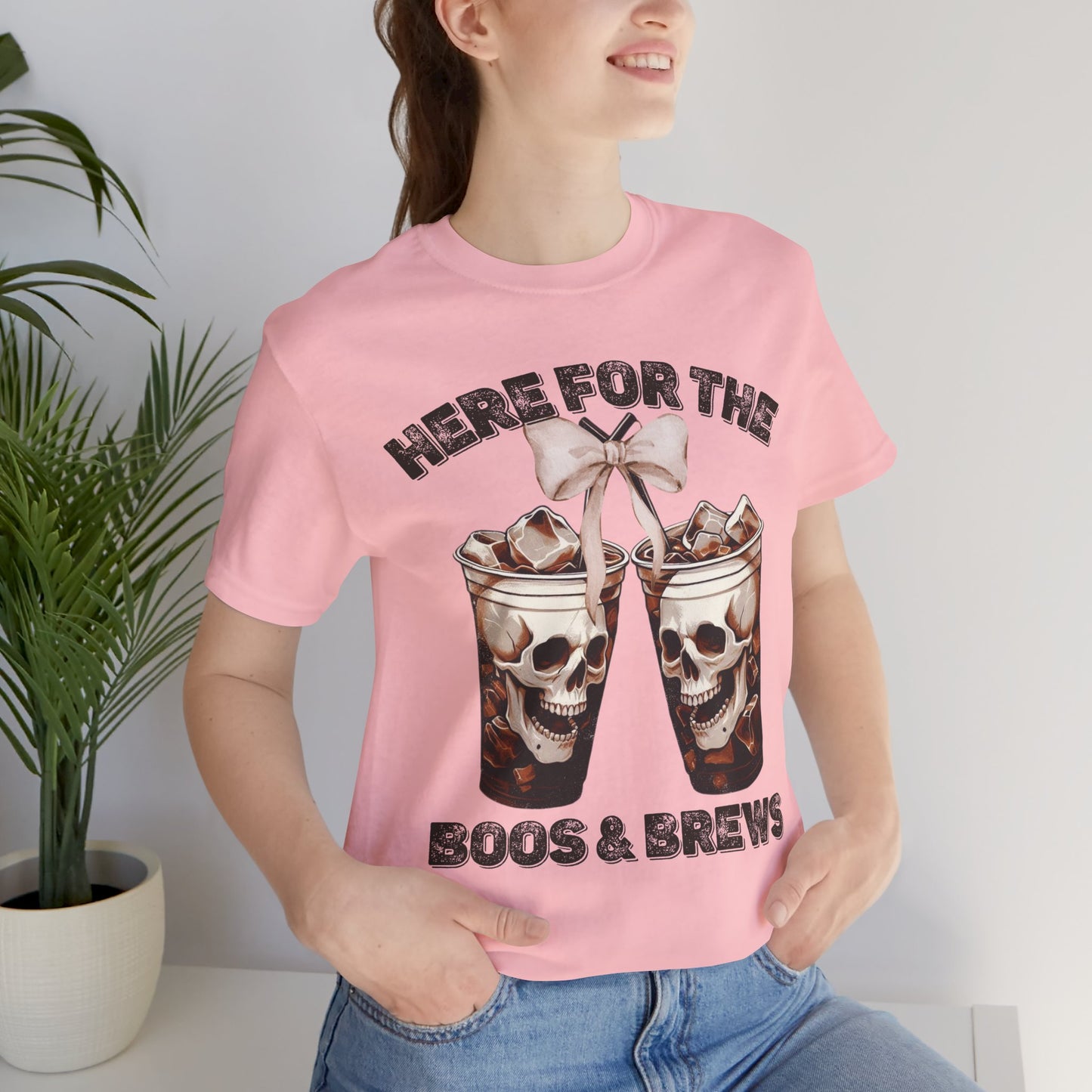 Halloween Skeleton Iced Coffee Tee - Here for the Boos and Brews
