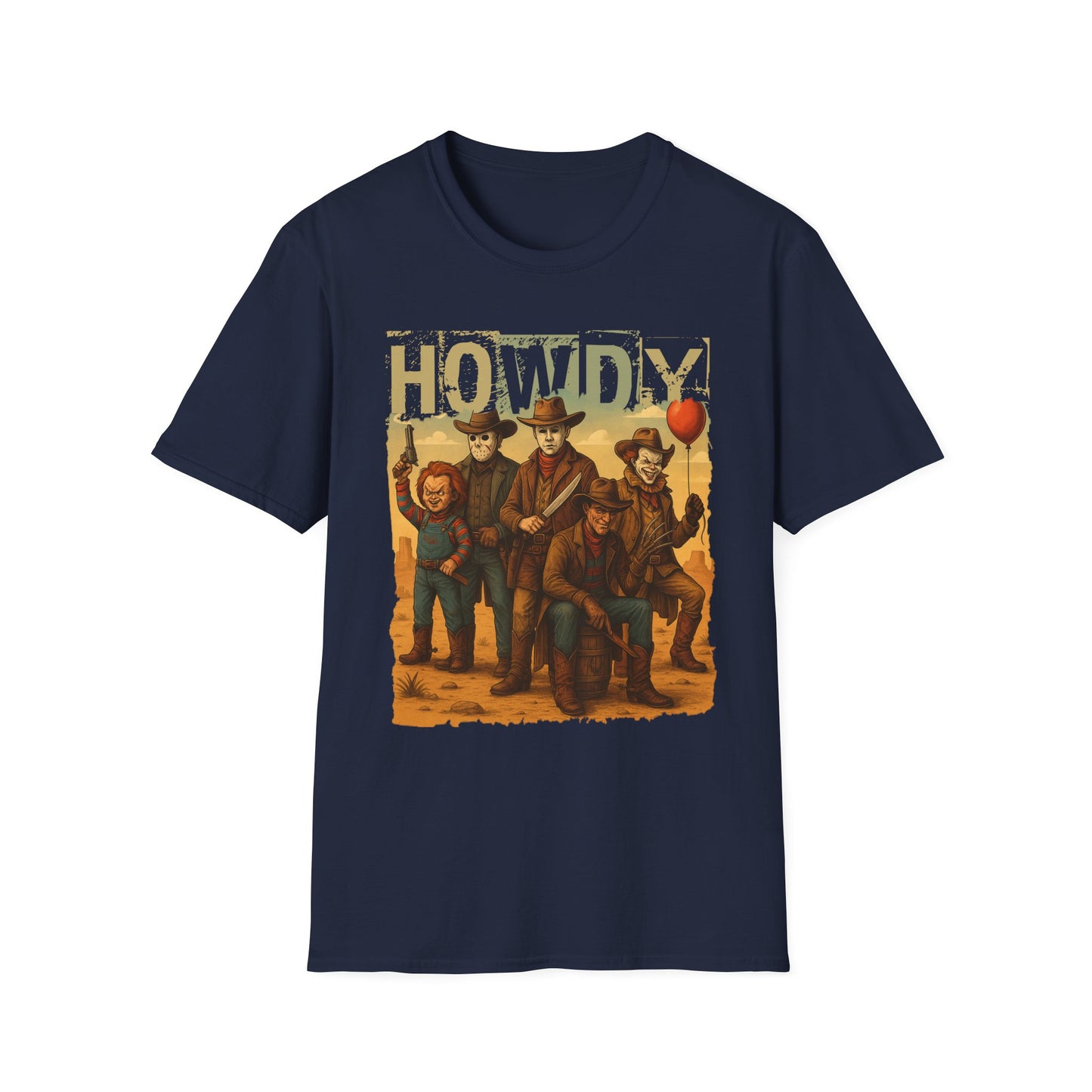 Horror Cowboys Unisex T-Shirt featuring Chucky, Jason, Michael Myers, Pennywise and Freddy