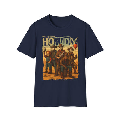 Horror Cowboys Unisex T-Shirt featuring Chucky, Jason, Michael Myers, Pennywise and Freddy