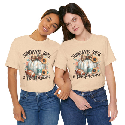 Football Tee - Sundays, Sips, & Touchdowns - Pumpkin, Latte, Sunflowers & Football