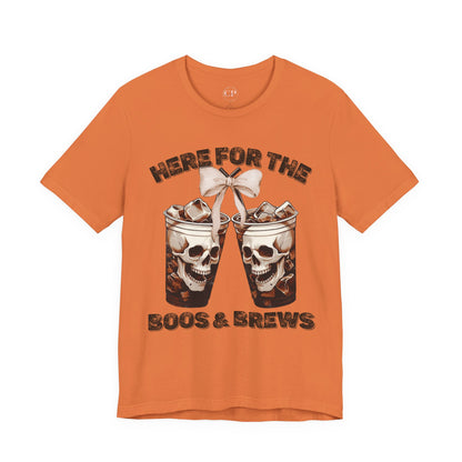 Halloween Skeleton Iced Coffee Tee - Here for the Boos and Brews