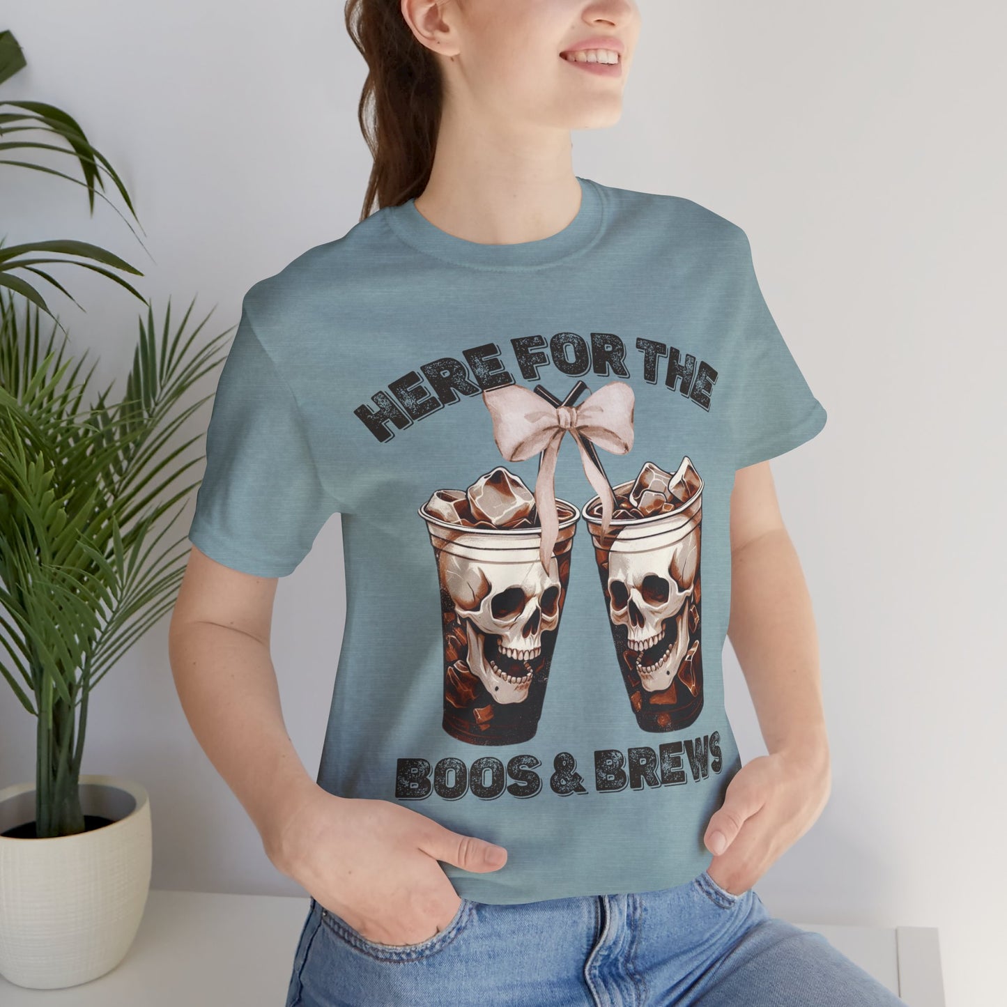 Halloween Skeleton Iced Coffee Tee - Here for the Boos and Brews