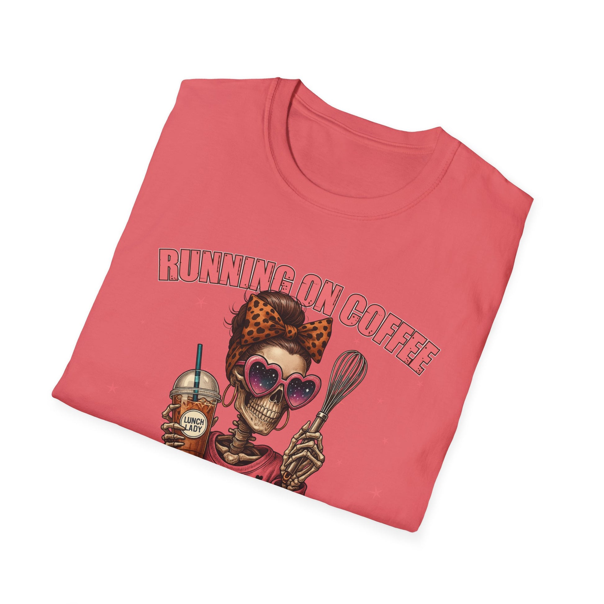 Funny Lunch Lady Unisex Softstyle T-Shirt - Running on Iced Coffee and School Lunch Schedules - Front Design Only