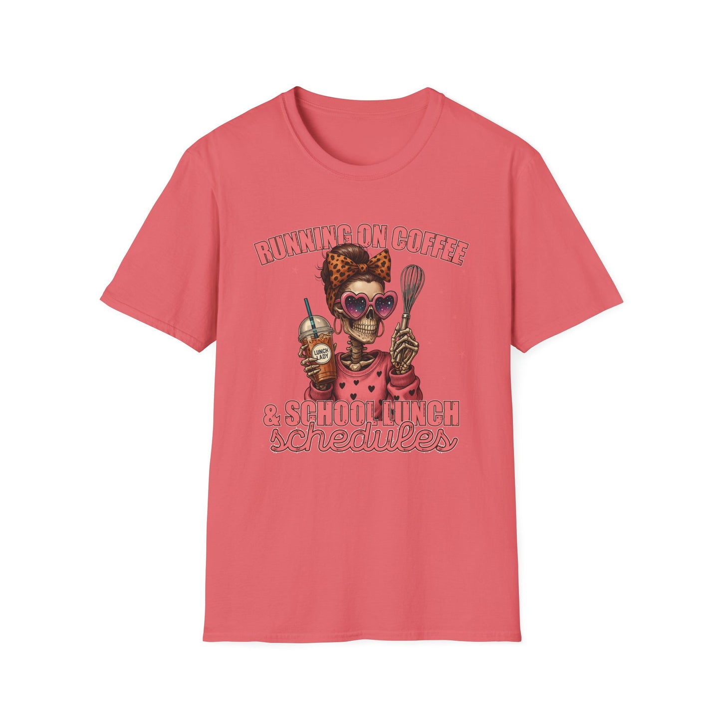 Funny Lunch Lady Unisex Softstyle T-Shirt - Running on Iced Coffee and School Lunch Schedules - Front Design Only