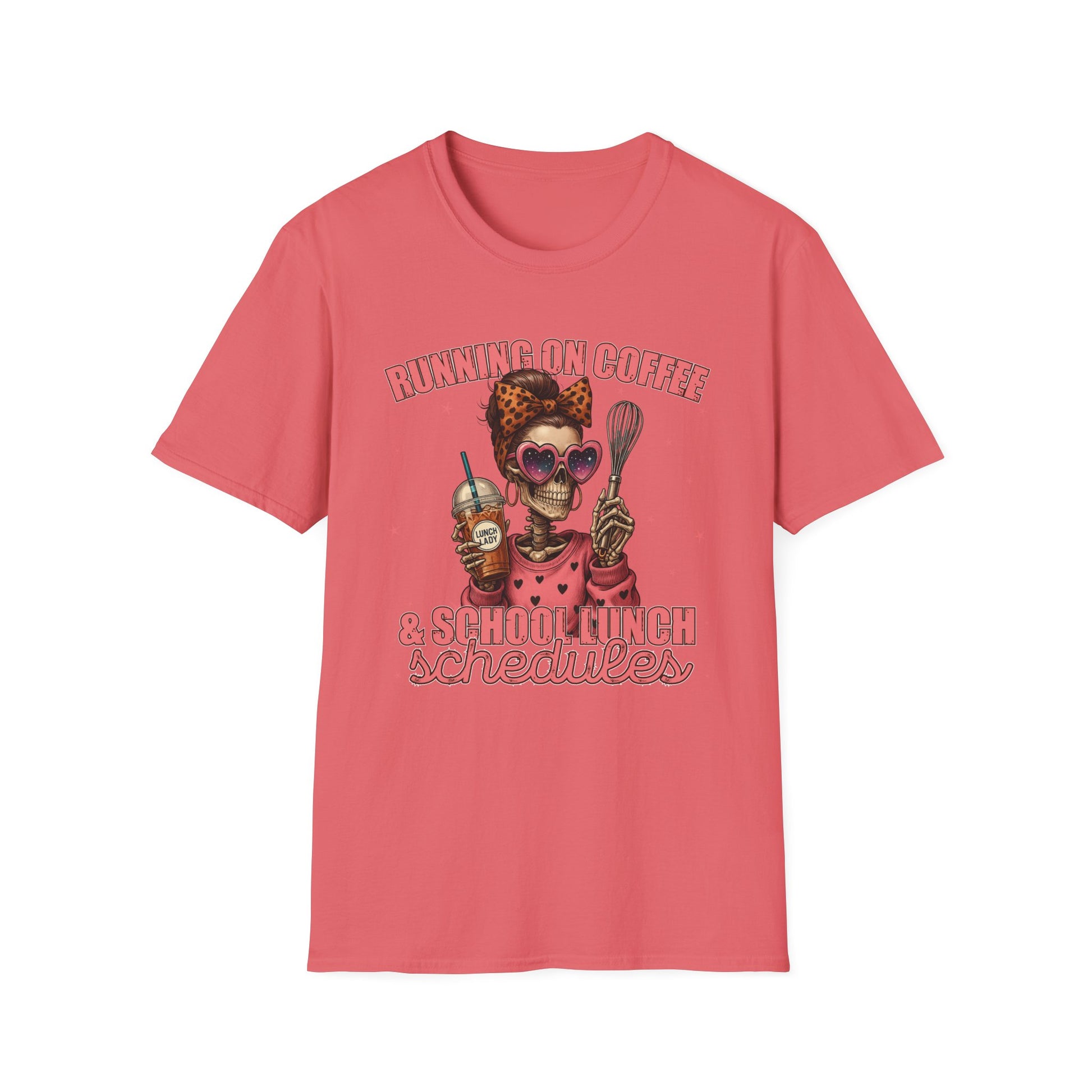 Funny Lunch Lady Unisex Softstyle T-Shirt - Running on Iced Coffee and School Lunch Schedules - Front Design Only