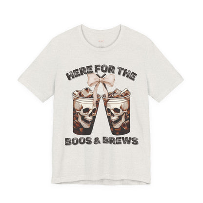Halloween Skeleton Iced Coffee Tee - Here for the Boos and Brews