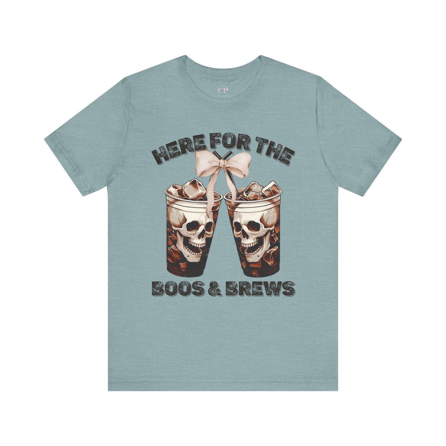 Halloween Skeleton Iced Coffee Tee - Here for the Boos and Brews