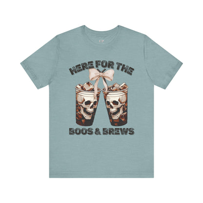 Halloween Skeleton Iced Coffee Tee - Here for the Boos and Brews