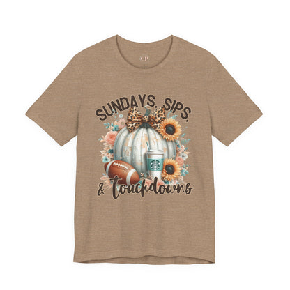 Football Tee - Sundays, Sips, & Touchdowns - Pumpkin, Latte, Sunflowers & Football