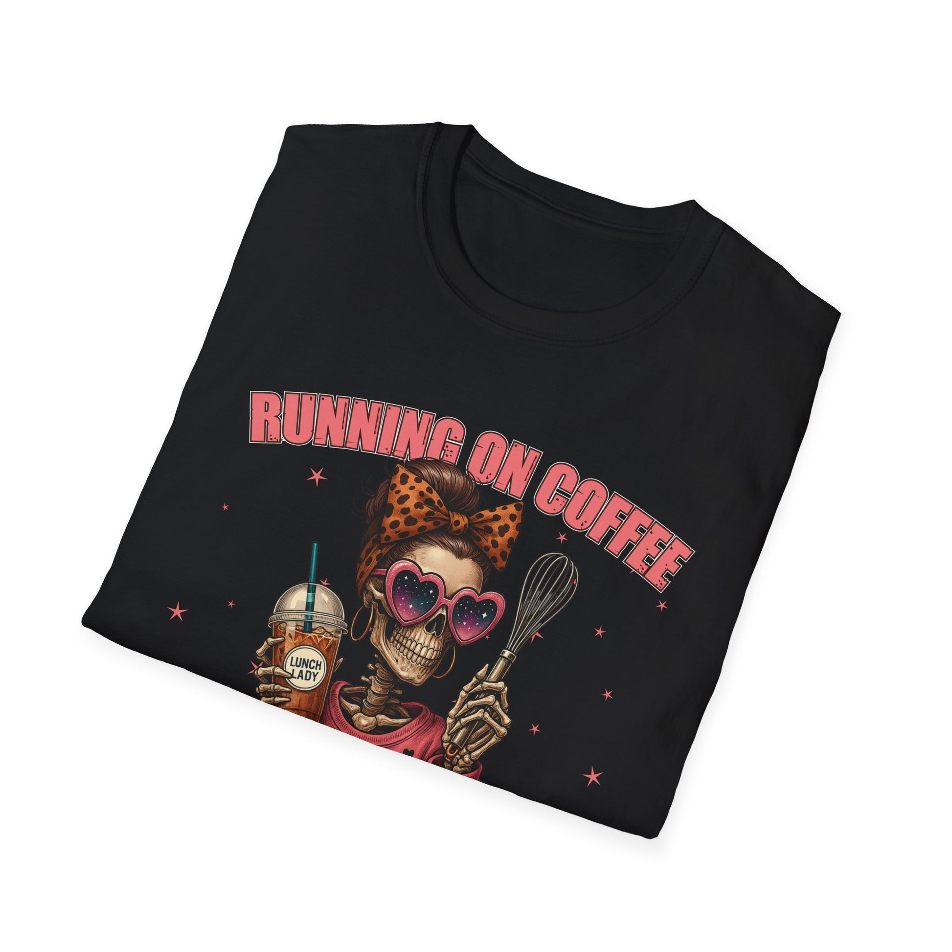 Funny Lunch Lady Unisex Softstyle T-Shirt - Running on Iced Coffee and School Lunch Schedules - Front Design Only
