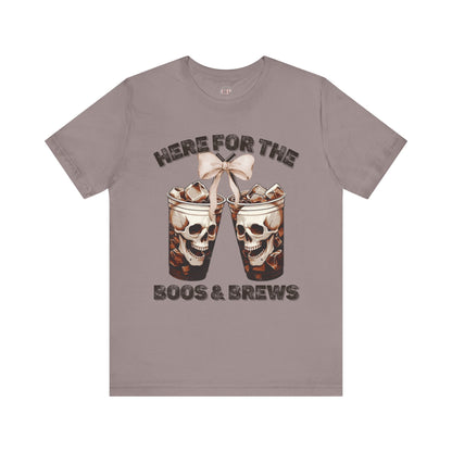 Halloween Skeleton Iced Coffee Tee - Here for the Boos and Brews