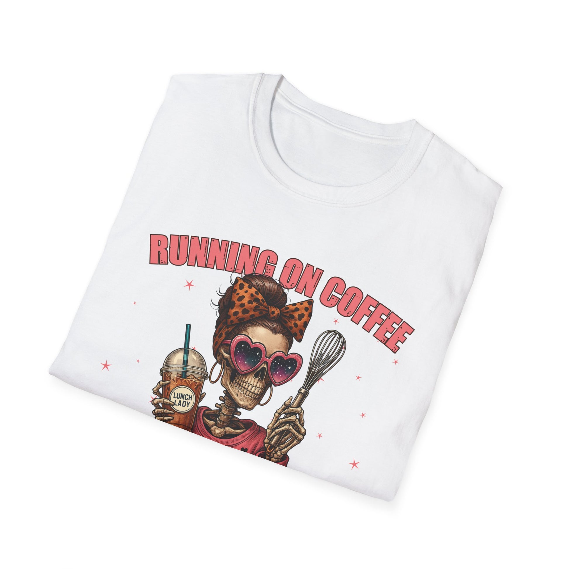 Funny Lunch Lady Unisex Softstyle T-Shirt - Running on Iced Coffee and School Lunch Schedules - Front Design Only