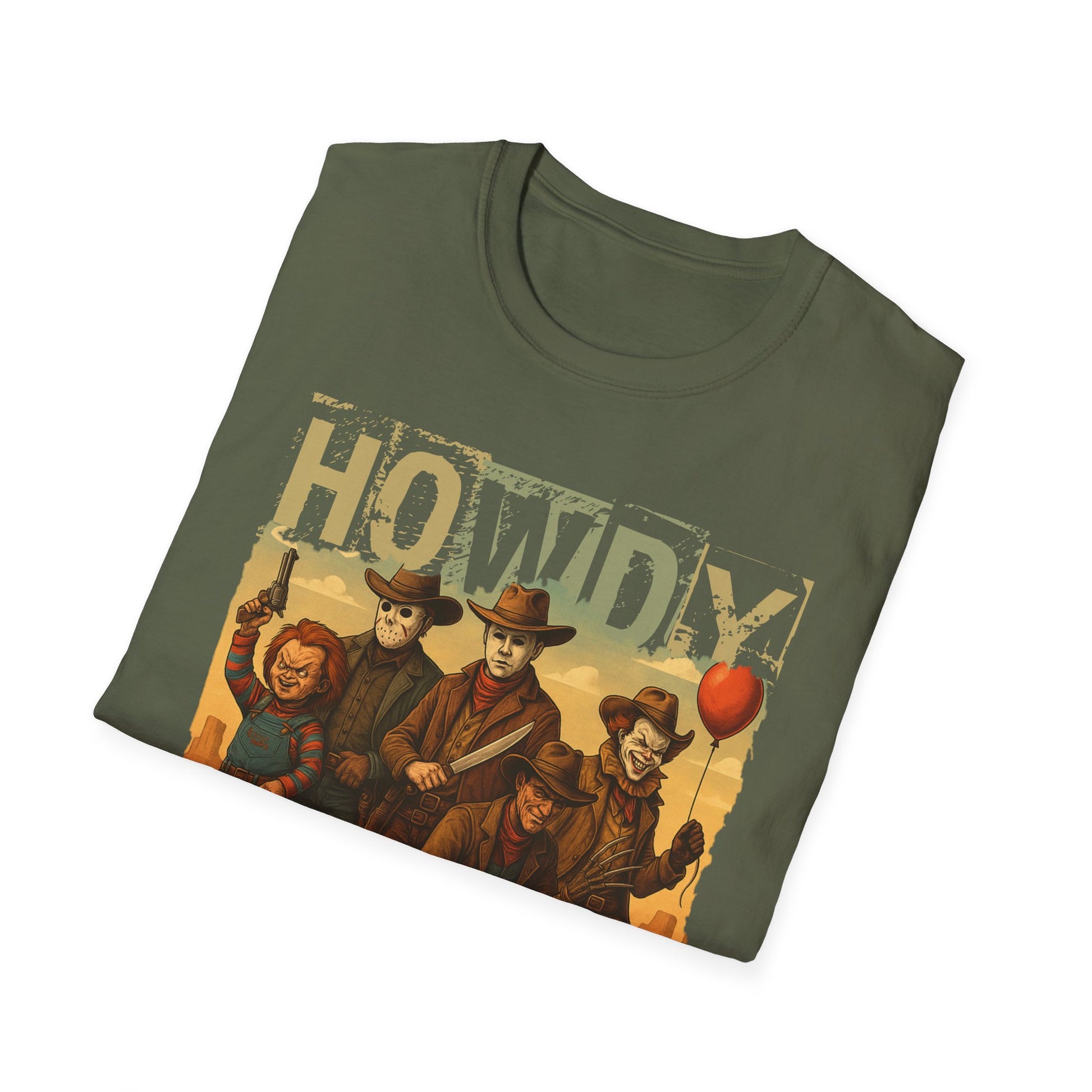 Horror Cowboys Unisex T-Shirt featuring Chucky, Jason, Michael Myers, Pennywise and Freddy