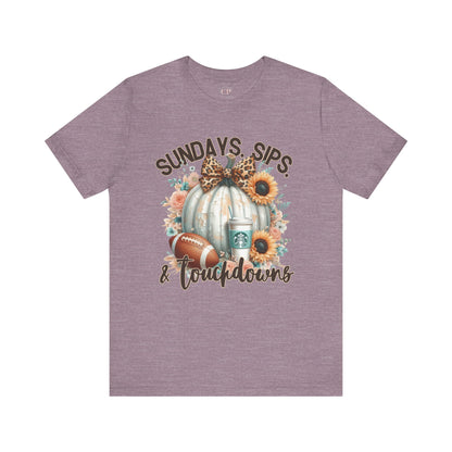 Football Tee - Sundays, Sips, & Touchdowns - Pumpkin, Latte, Sunflowers & Football